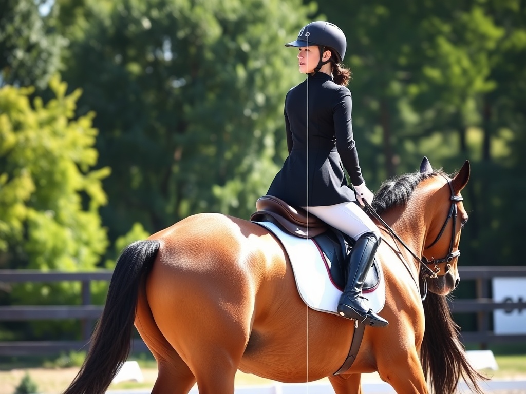 말 위에서 올바른 수직 정렬을 유지하며 평보를 하고 있는 기승자의 측면 모습