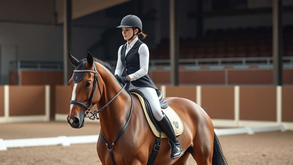 승마장 트랙에서 올바른 승좌 자세로 기승 중인 기승자의 측면 모습