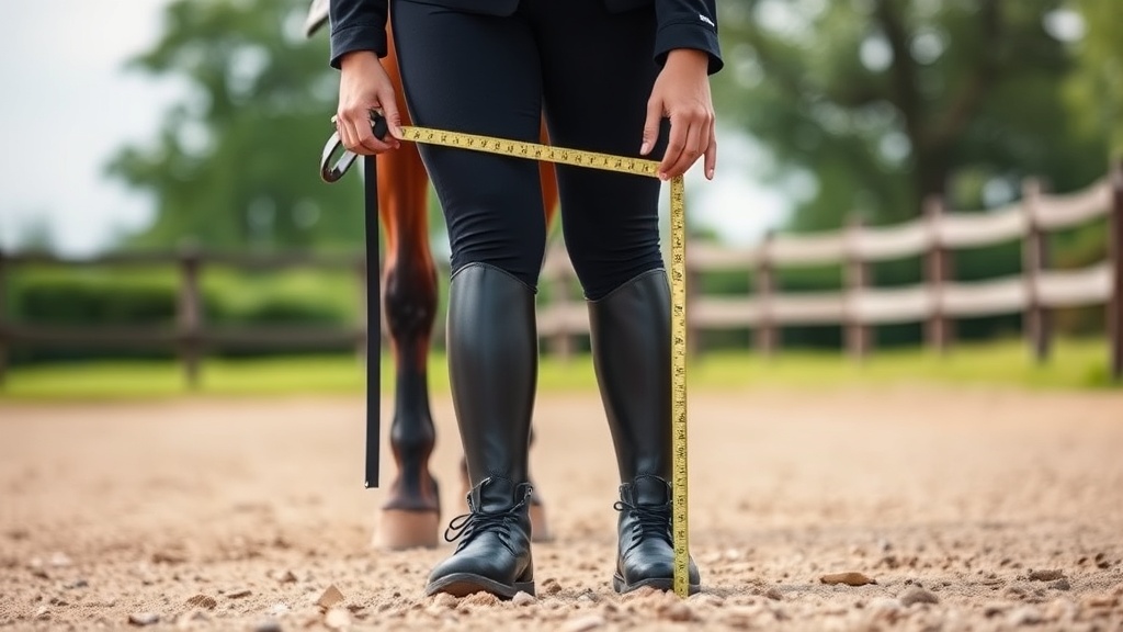 기승자가 지상에서 팔 길이를 이용해 안장의 등자 길이를 측정하고 있는 모습